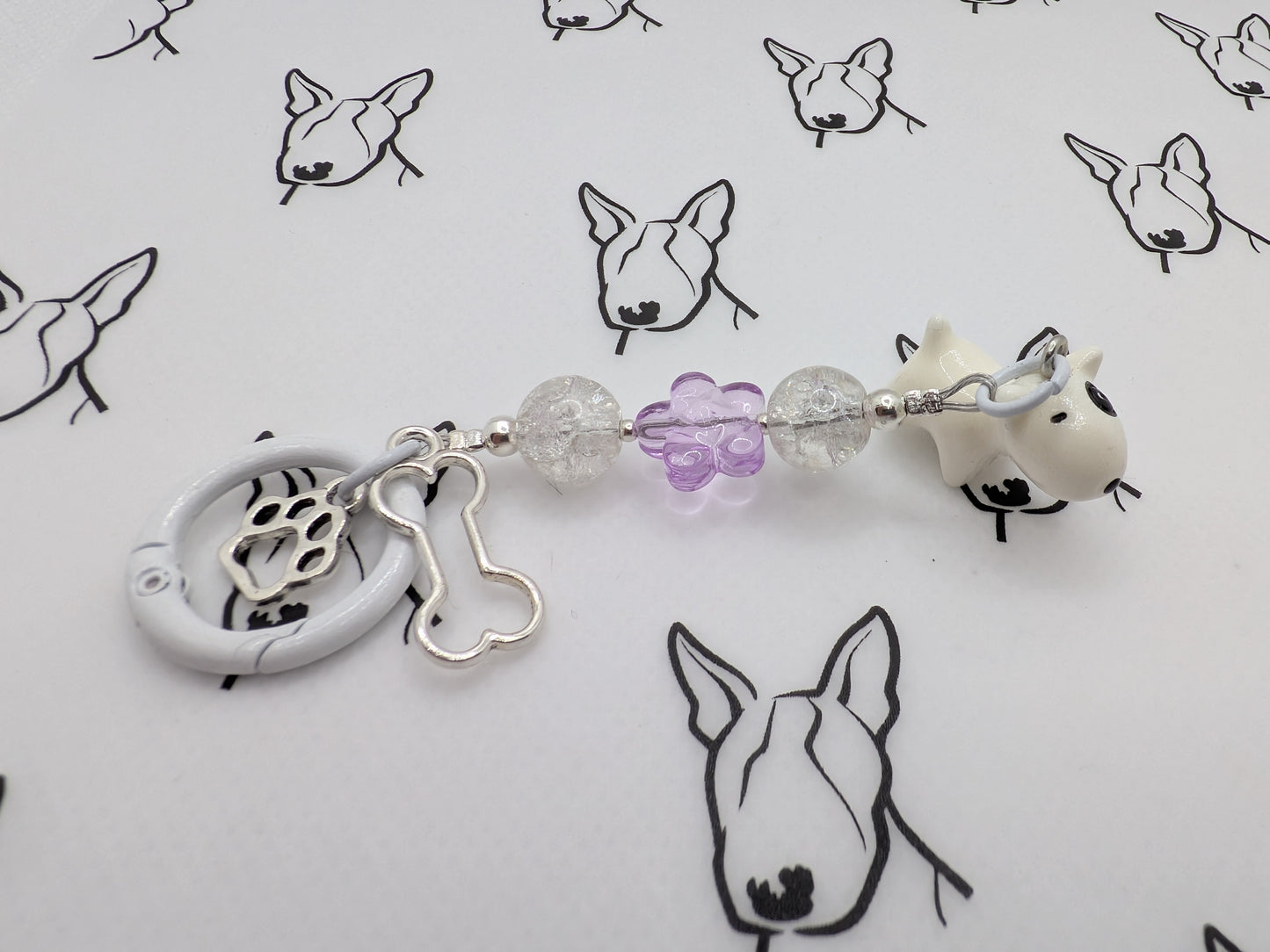 Bull Terrier Keyring | Purple Flower Glass Bead | Cute Dog Keychain Gift