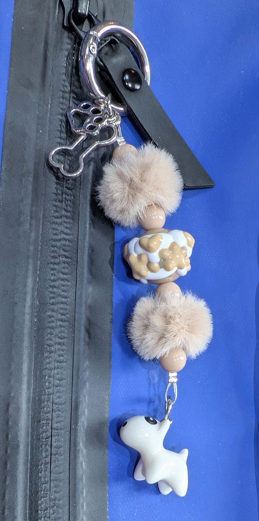 Handmade Beaded Bull Terrier Keyring / Bag Charm / Phone Charm — Brown Fluff