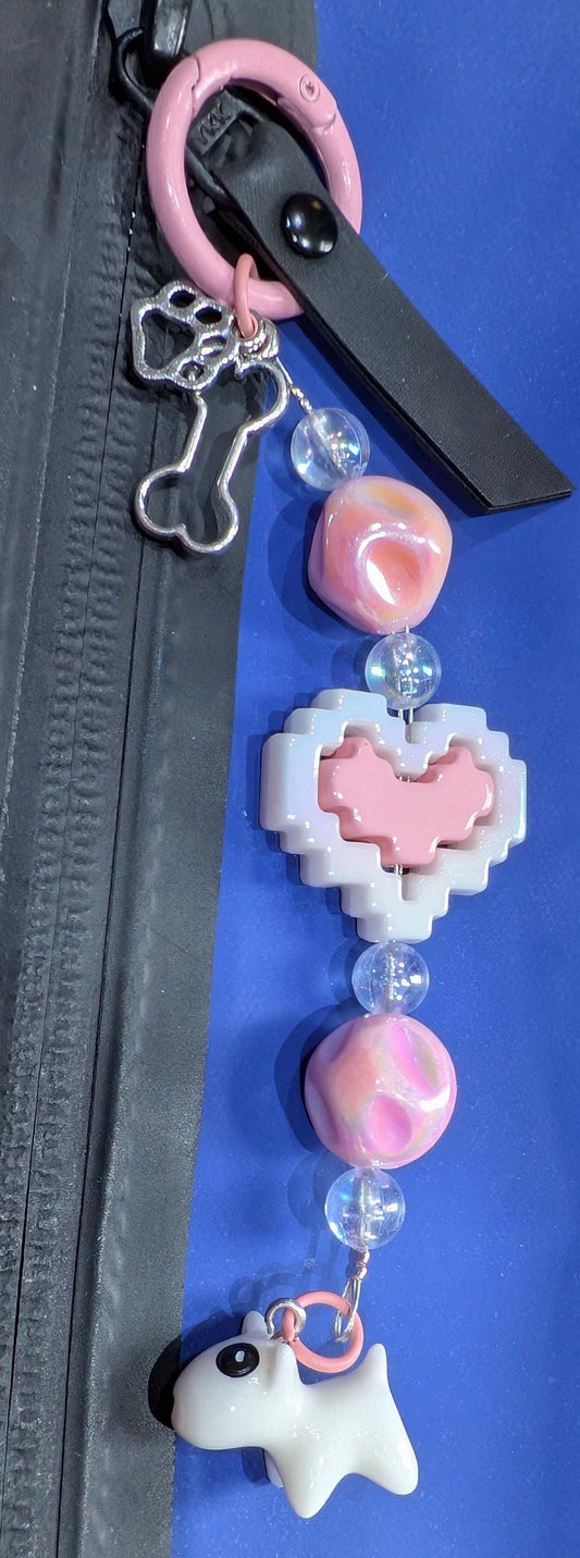 Handmade Beaded Bull Terrier Keyring / Bag Charm / Phone Charm — Pink spinning Heart