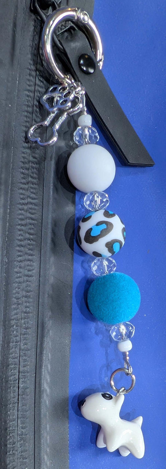 Handmade Beaded Bull Terrier Keyring / Bag Charm / Phone Charm — White, Teal & Animal Print