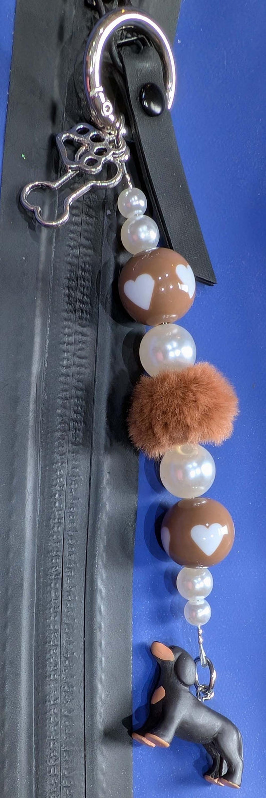Handmade Beaded Dachshund Keyring / Bag Charm — Brown and Pearl Beads