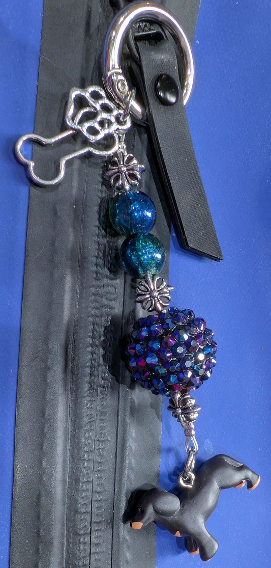 Handmade Beaded Dachshund Keyring / Bag Charm — Dark Blue Disco Bead