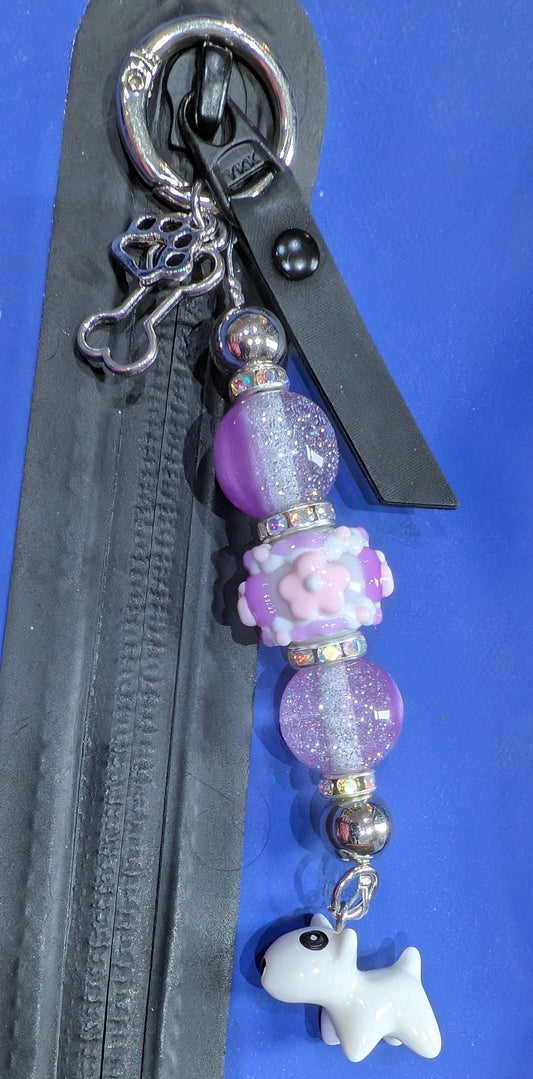 Handmade Beaded Bull Terrier Keyring / Bag Charm / Phone Charm — Purple Sparkle