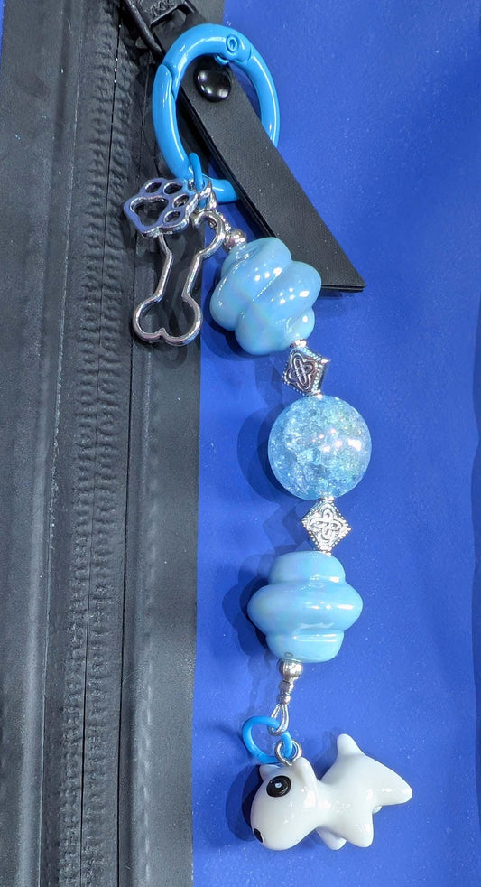 Handmade Beaded Bull Terrier Keyring / Bag Charm / Phone Charm — Blue Crackle Beads & Swirls