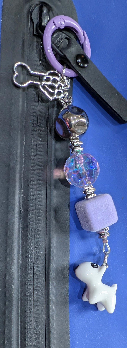 Handmade Beaded Bull Terrier Keyring / Bag Charm / Phone Charm — Purple Disco Bead