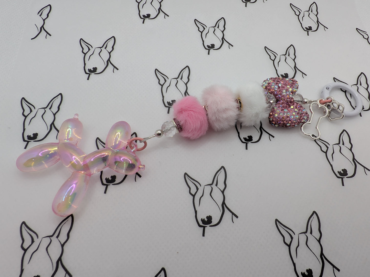 Balloon Dog Keyring | Pink Sparkle Bow & Fluffy Beads | Cute Dog Keychain Gift
