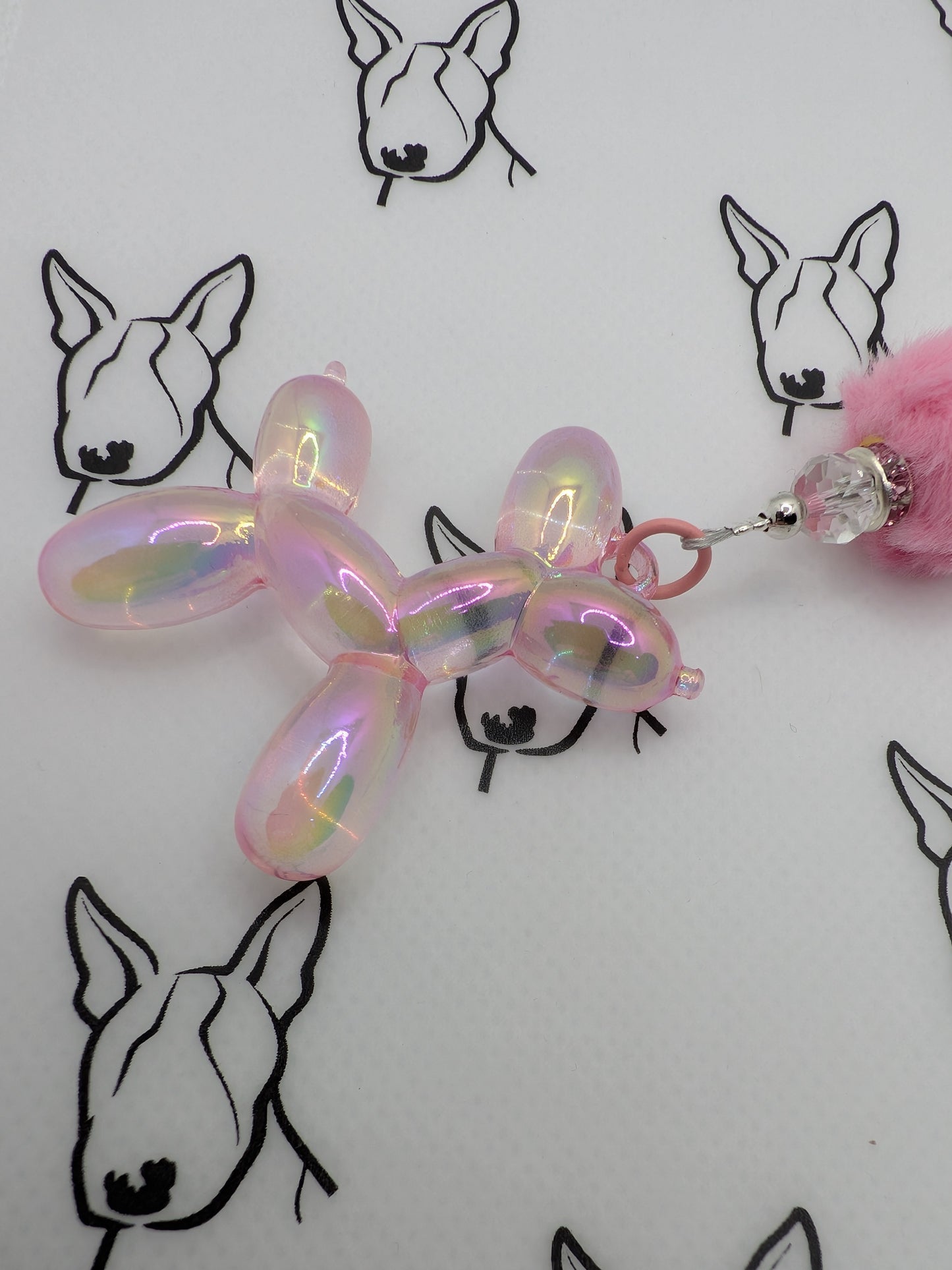 Balloon Dog Keyring | Pink Sparkle Bow & Fluffy Beads | Cute Dog Keychain Gift