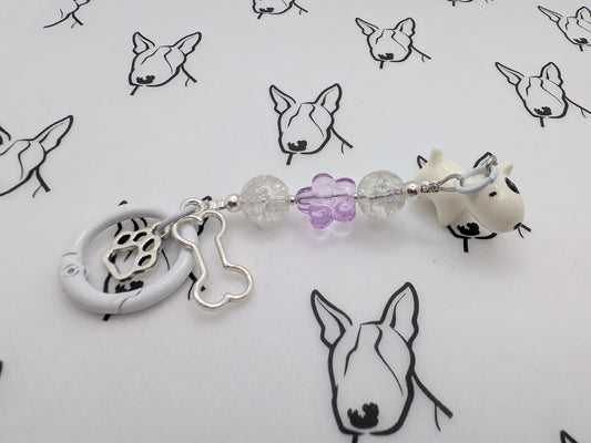 Bull Terrier Keyring | Purple Flower Glass Bead | Cute Dog Keychain Gift