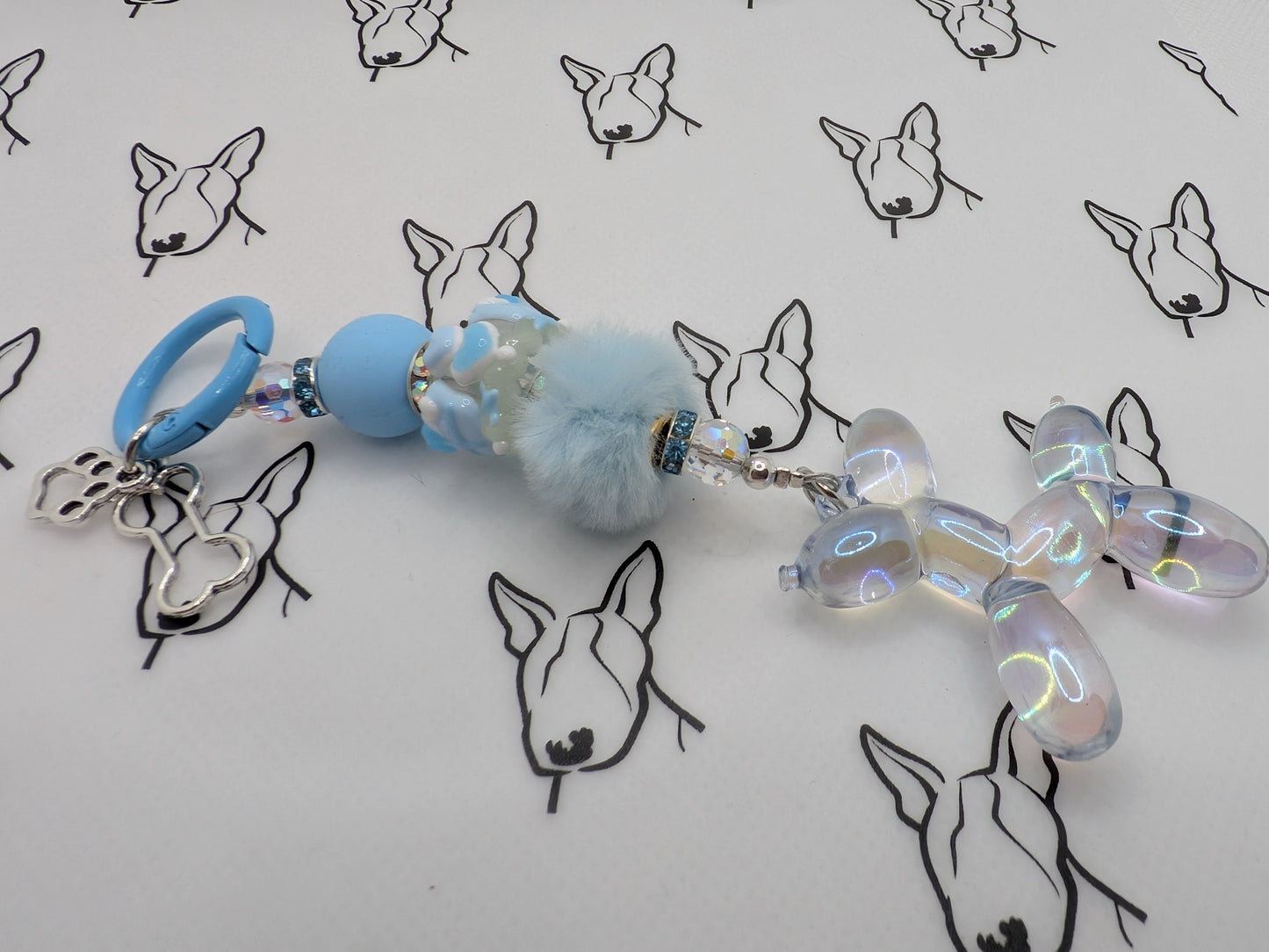 Balloon Dog Keyring | Blue Hand Painted & Fluffy Beads | Cute Dog Keychain Gift
