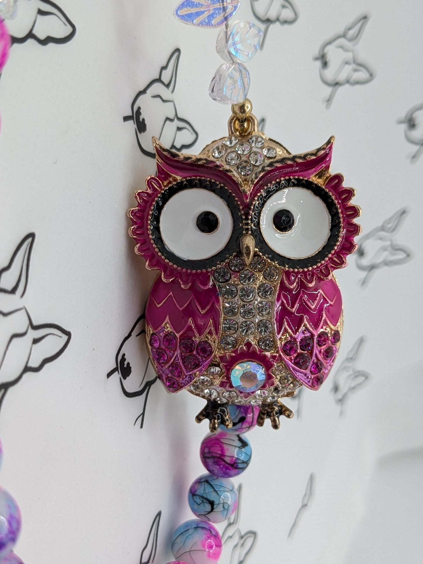 Pink Owl Phone Strap | Pink Glass Beads | Cute Phone or Bag Charm Gift