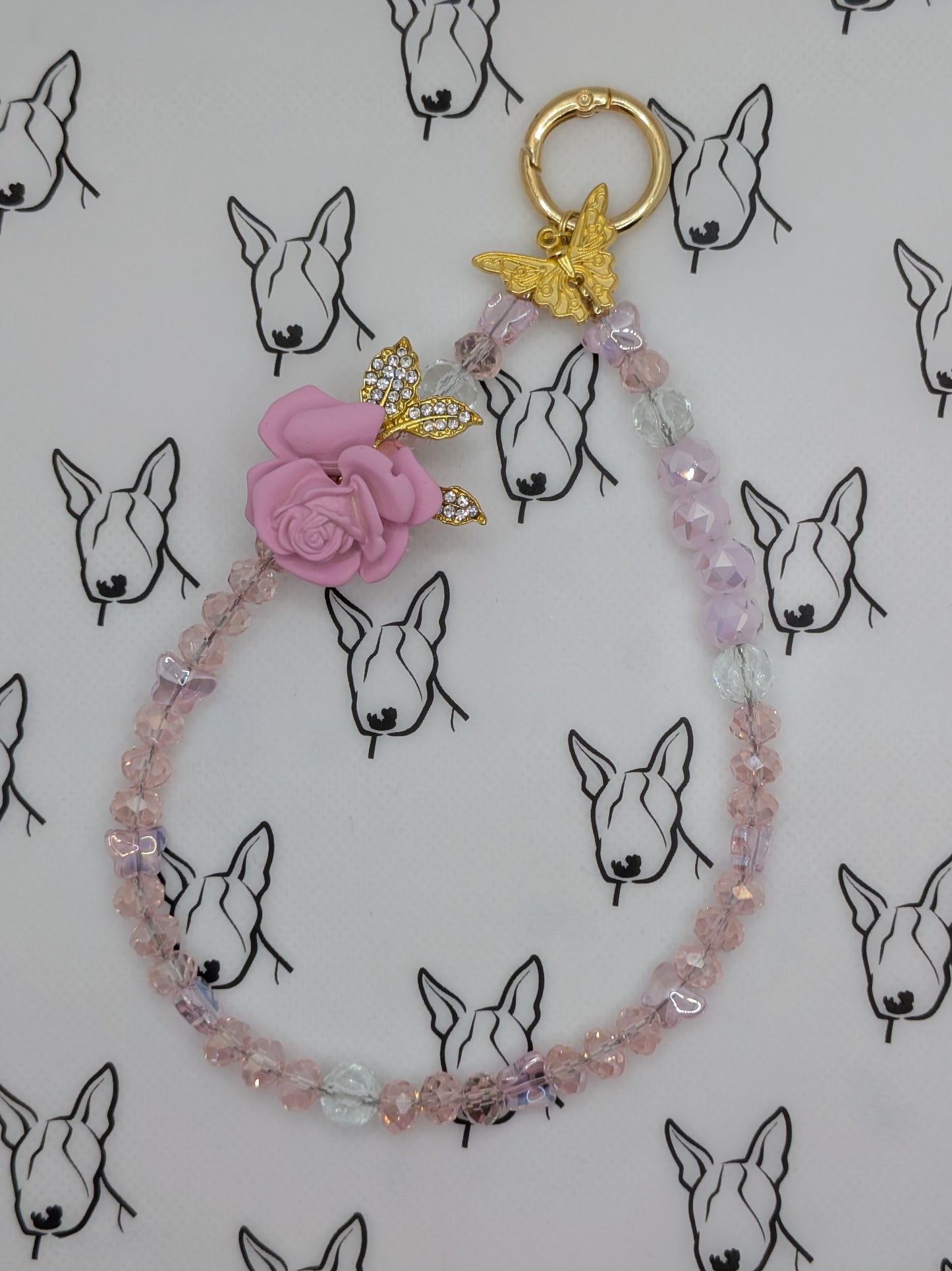 Pink Rose Phone Strap | Rose Bling Bead | Cute Phone or Bag Charm Gift