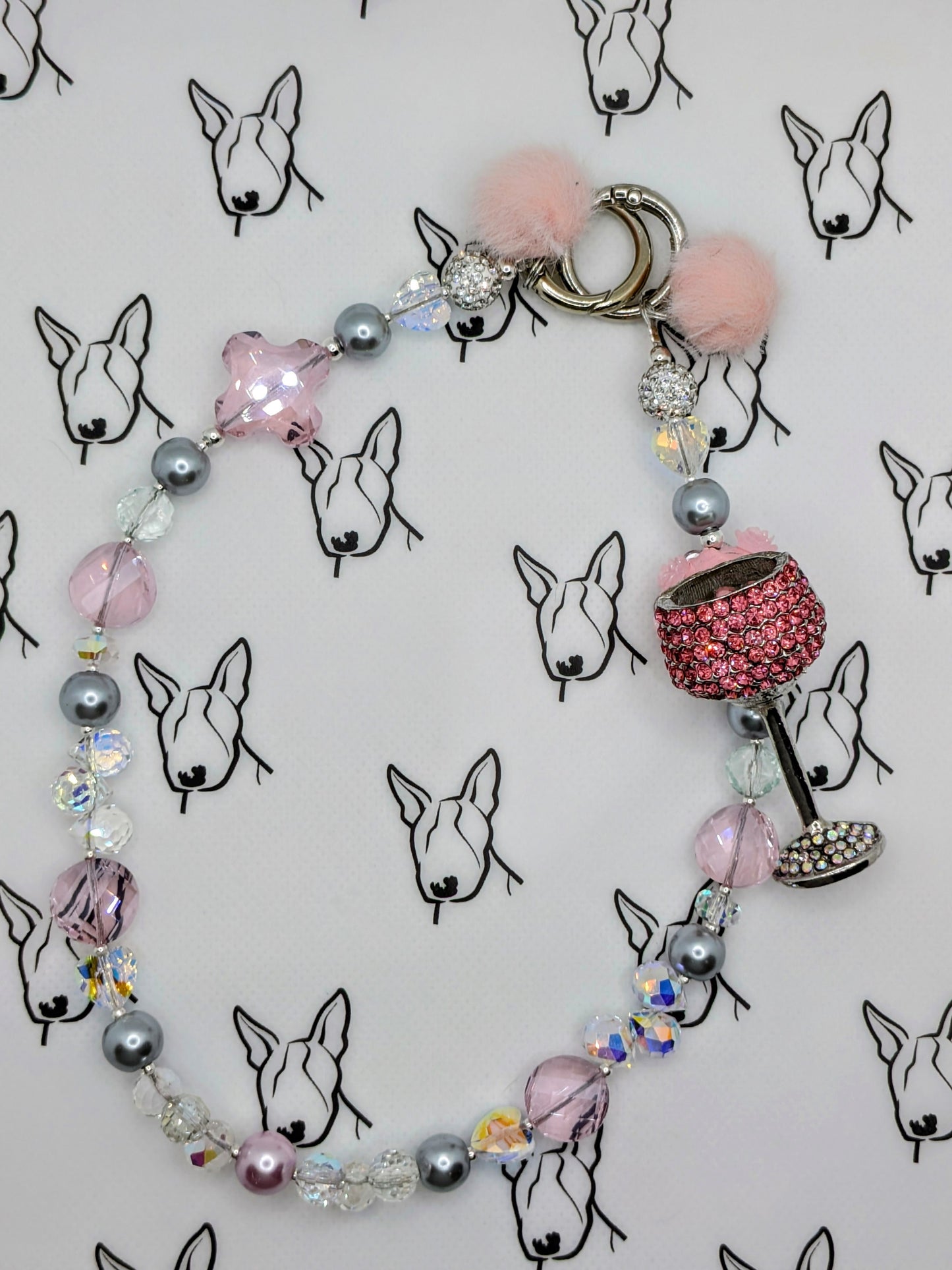 Pink Cocktail Glass Phone Strap | Pink & Pearl Glass Beads | Cute Phone or Bag Charm Gift