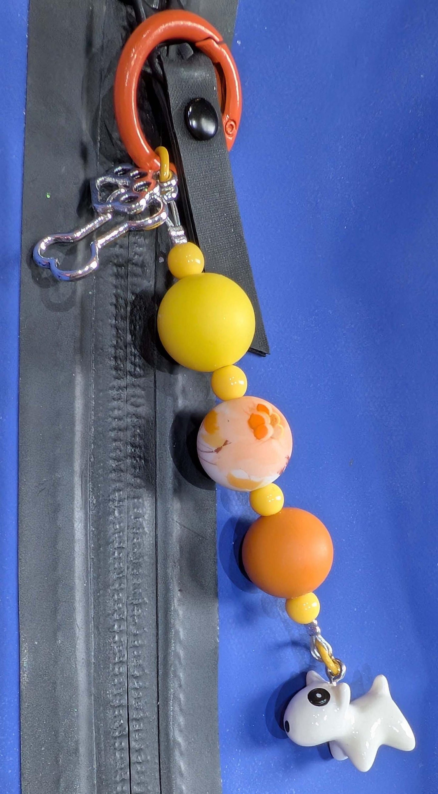 Handmade Beaded Bull Terrier Keyring / Bag Charm / Phone Charm — Yellow & Orange