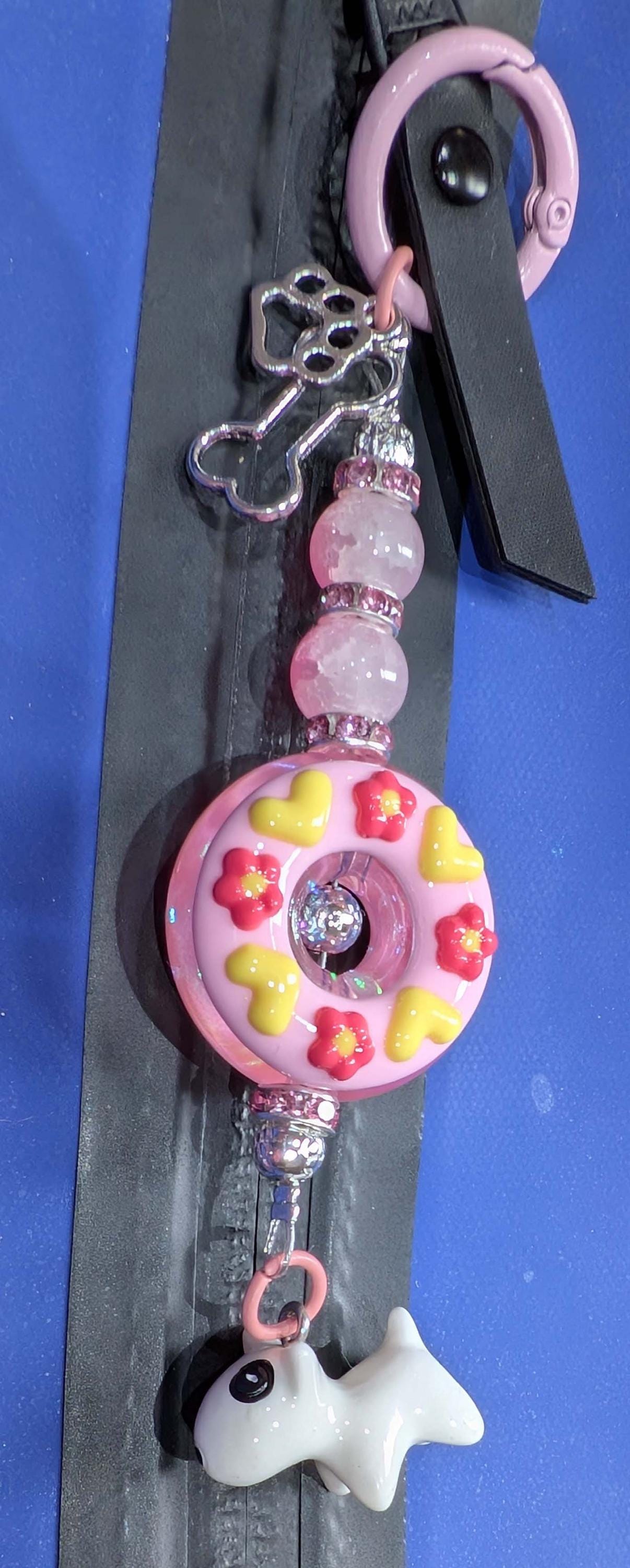 Handmade Beaded Bull Terrier Keyring / Bag Charm / Phone Charm — Pink Doughnut