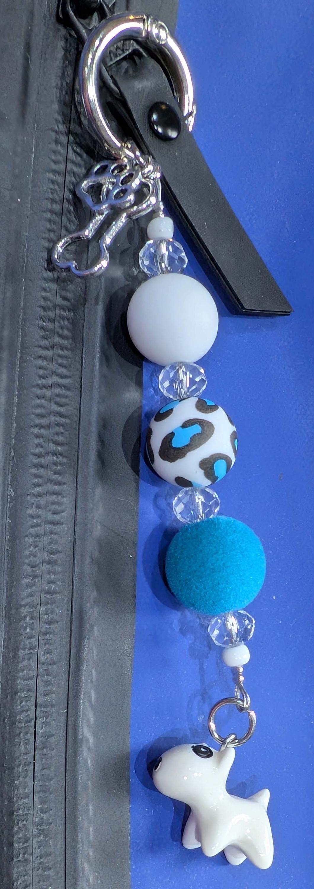 Handmade Beaded Bull Terrier Keyring / Bag Charm / Phone Charm — White, Teal & Animal Print