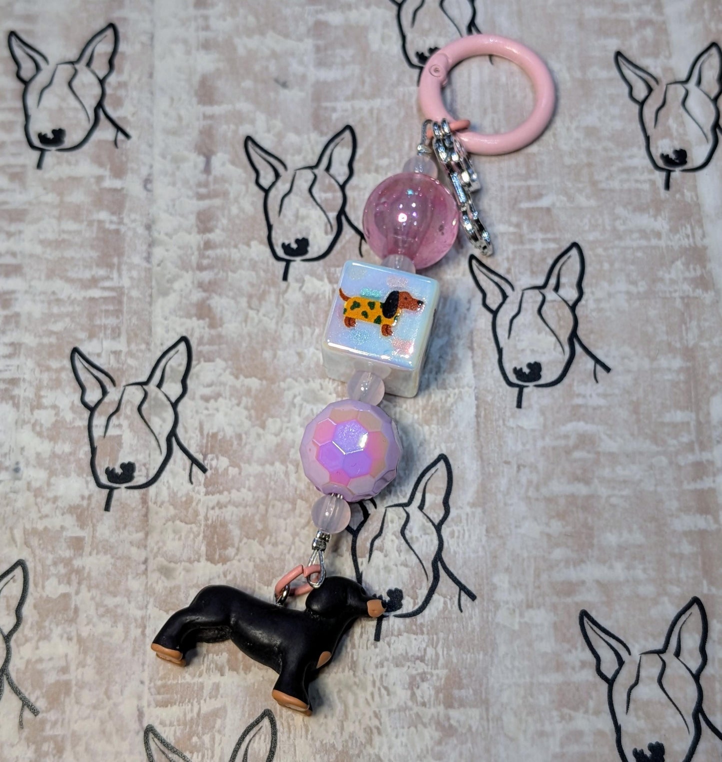Handmade Beaded Dachshund Keyring / Bag Charm — Square Dachshund Bead