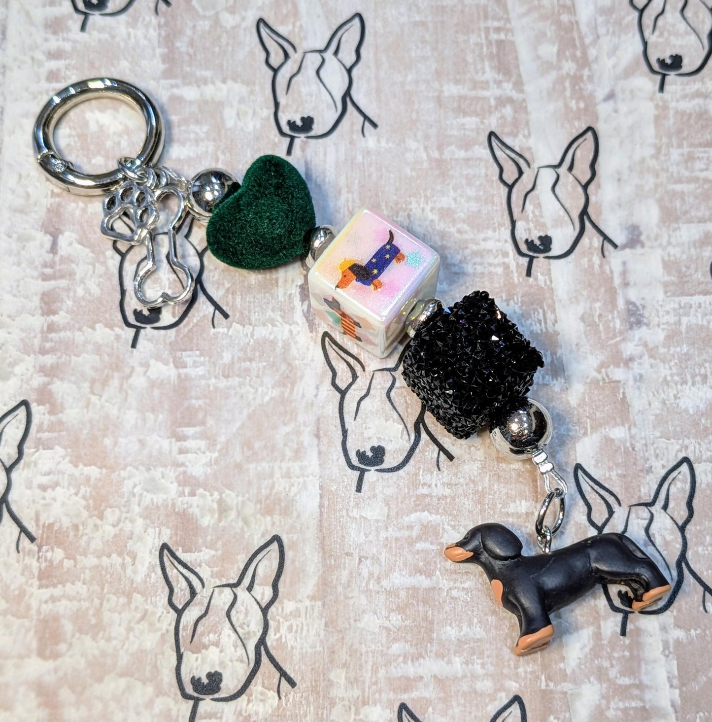 Handmade Beaded Dachshund Keyring / Bag Charm — Dark Green Suede Heart