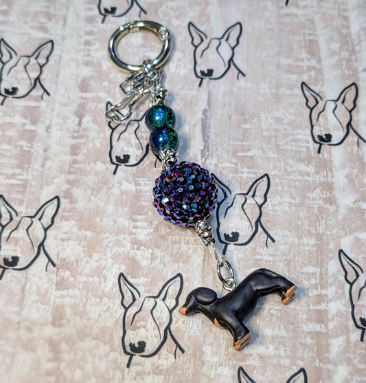Handmade Beaded Dachshund Keyring / Bag Charm — Dark Blue Disco Bead