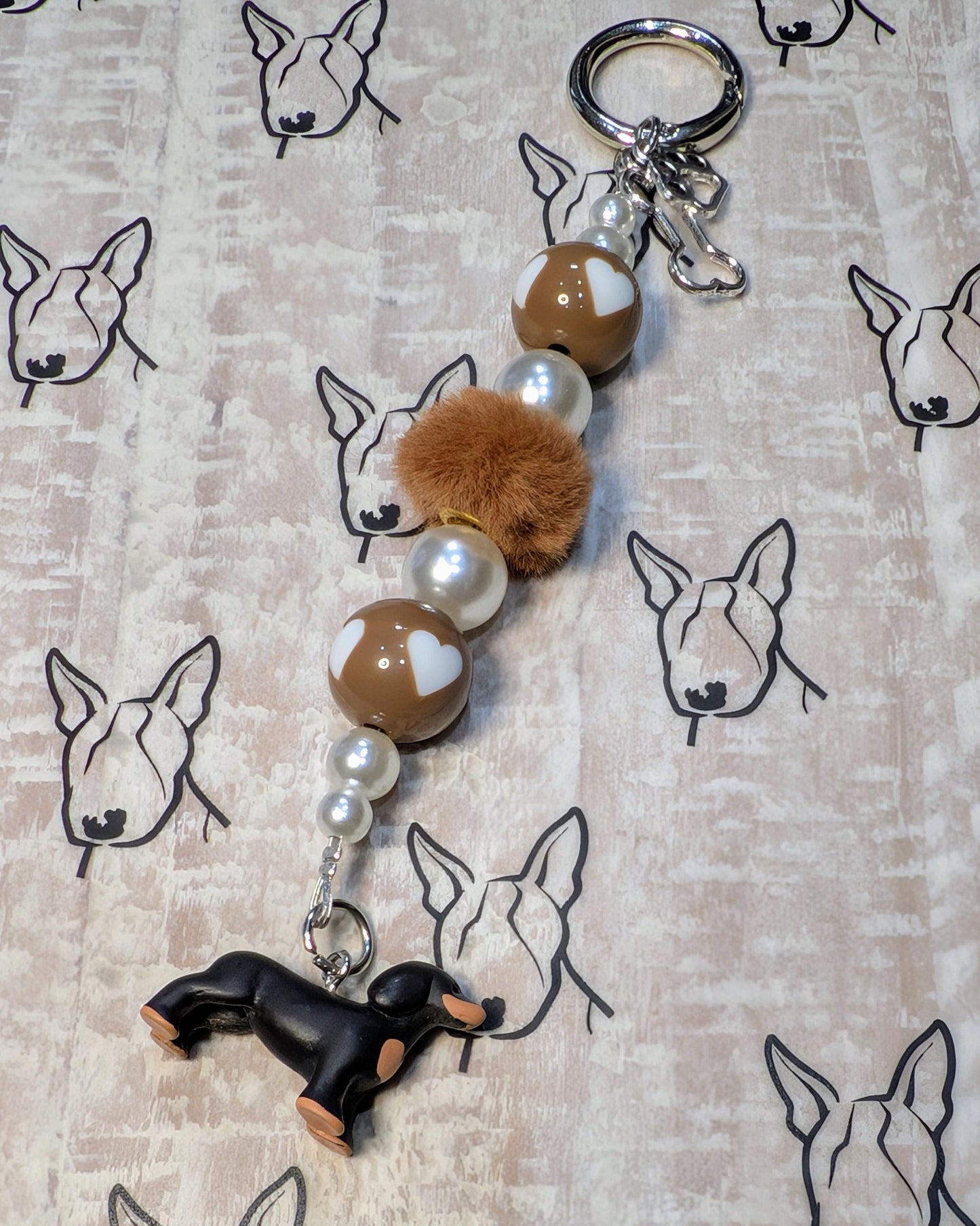 Handmade Beaded Dachshund Keyring / Bag Charm — Brown and Pearl Beads