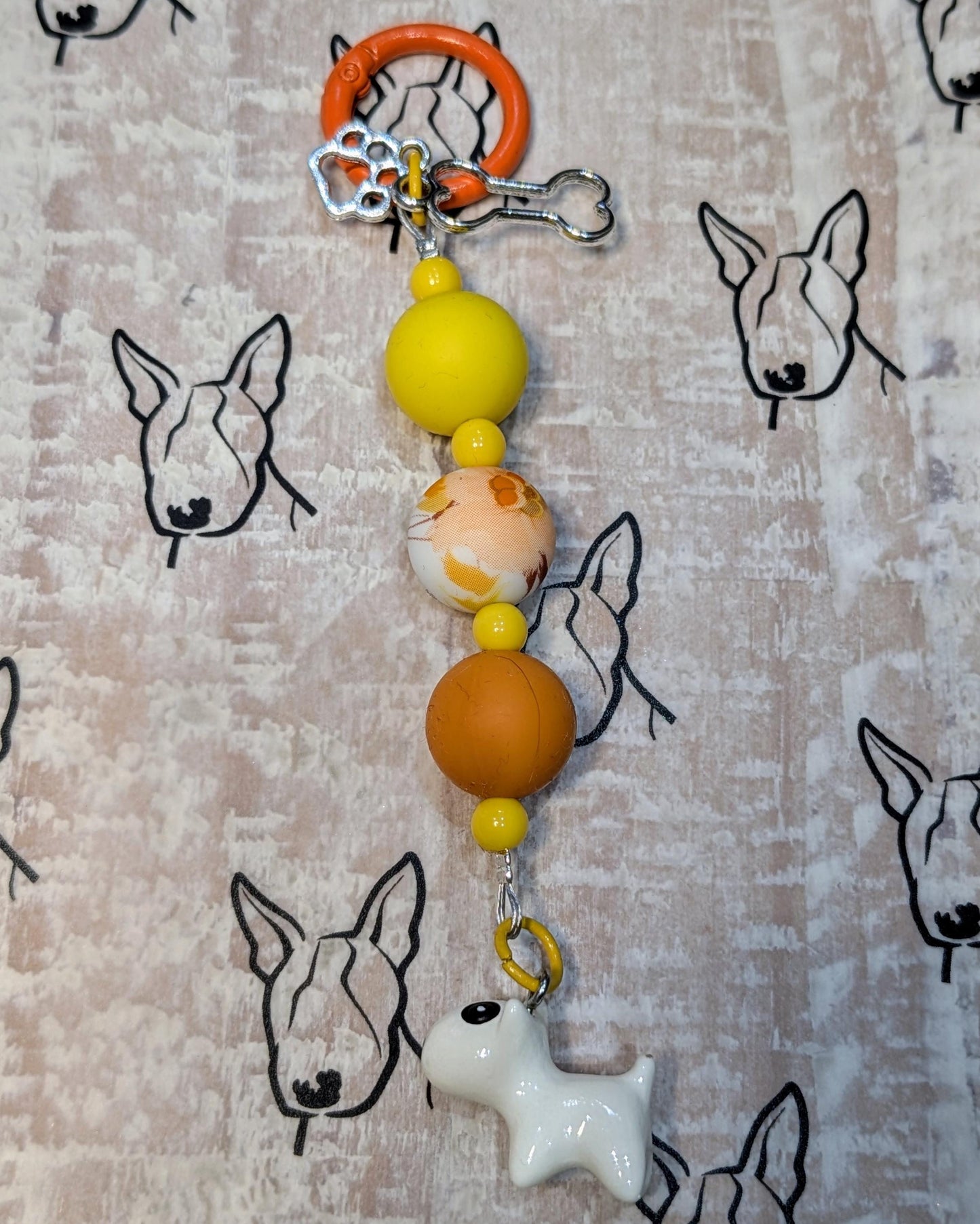 Handmade Beaded Bull Terrier Keyring / Bag Charm / Phone Charm — Yellow & Orange
