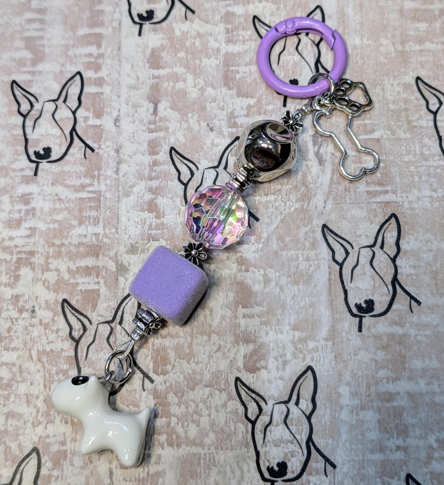 Handmade Beaded Bull Terrier Keyring / Bag Charm / Phone Charm — Purple Disco Bead