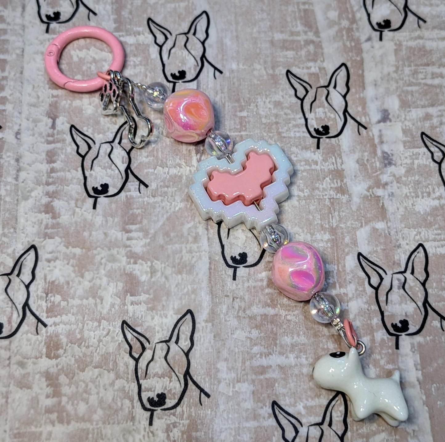 Handmade Beaded Bull Terrier Keyring / Bag Charm / Phone Charm — Pink spinning Heart