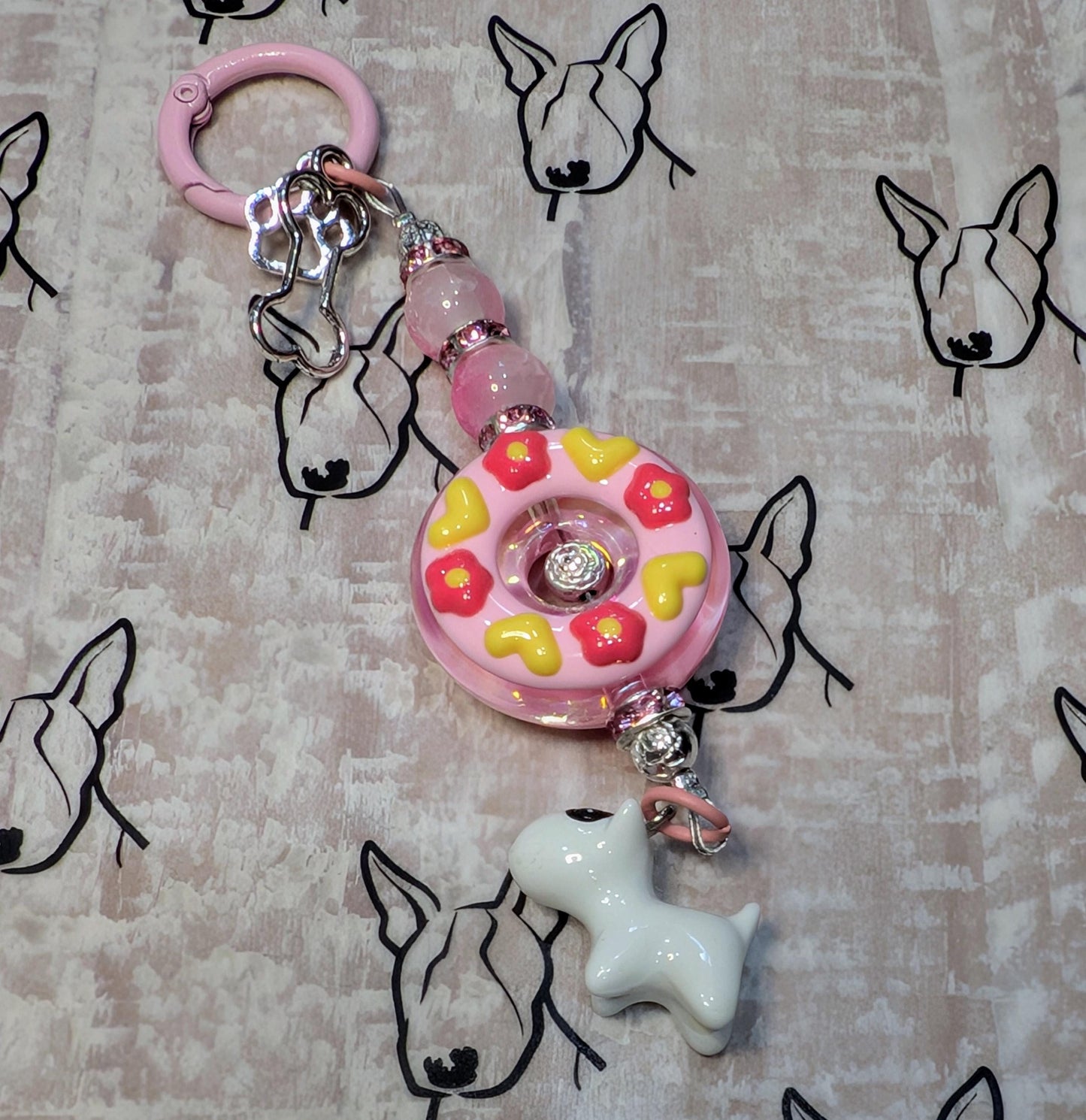 Handmade Beaded Bull Terrier Keyring / Bag Charm / Phone Charm — Pink Doughnut