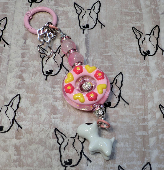 Handmade Beaded Bull Terrier Keyring / Bag Charm / Phone Charm — Pink Doughnut