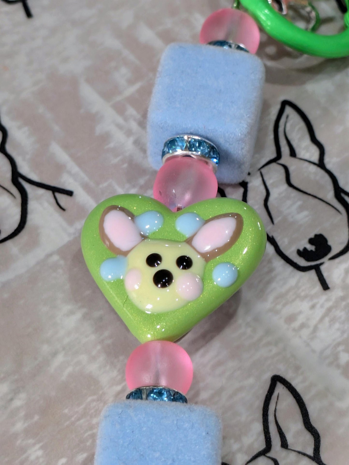 Handmade Beaded Bull Terrier Keyring / Bag Charm / Phone Charm — Green Hand Painted Heart