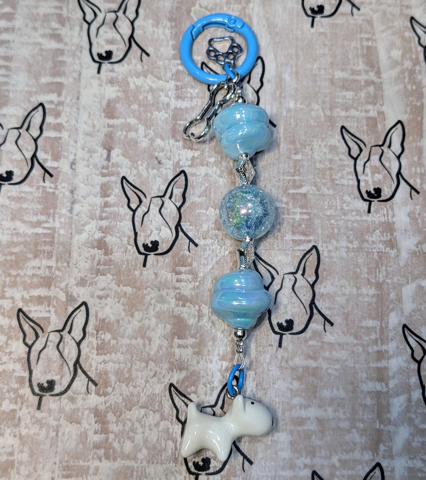 Handmade Beaded Bull Terrier Keyring / Bag Charm / Phone Charm — Blue Crackle Beads & Swirls
