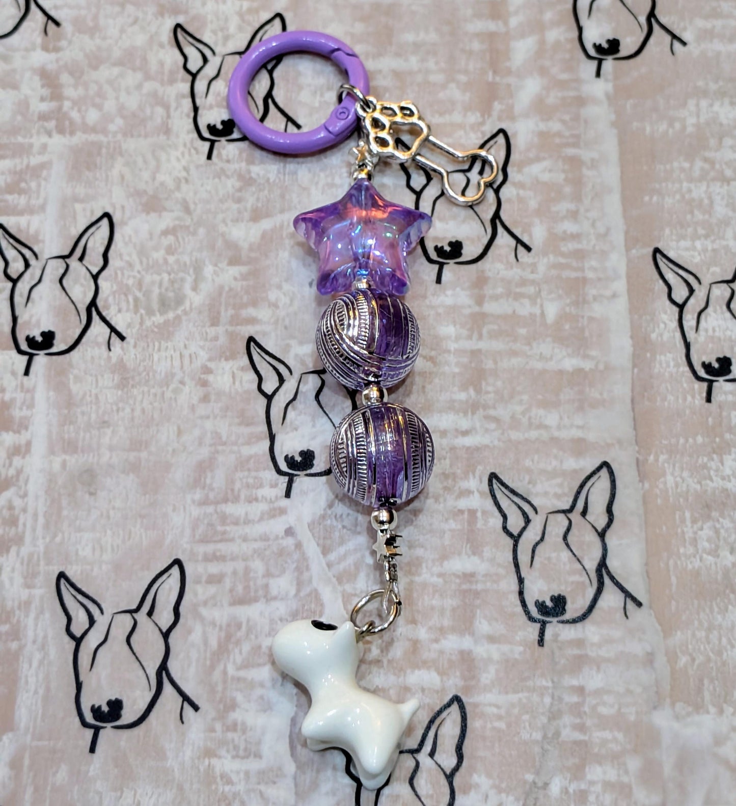 Handmade Beaded Bull Terrier Keyring / Bag Charm / Phone Charm — Purple Star
