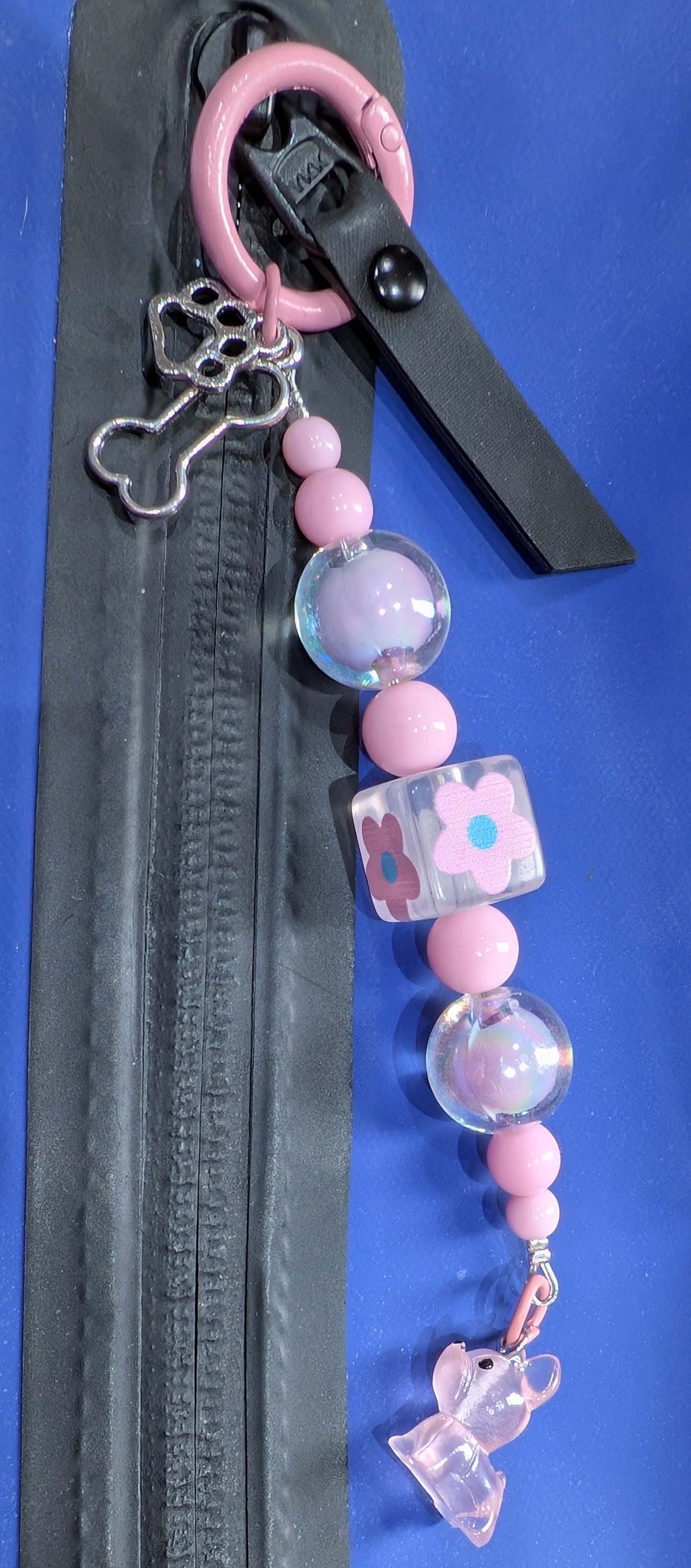 Handmade Beaded Frenchie Keyring / Bag Charm / Phone Charm — Pink Daisy