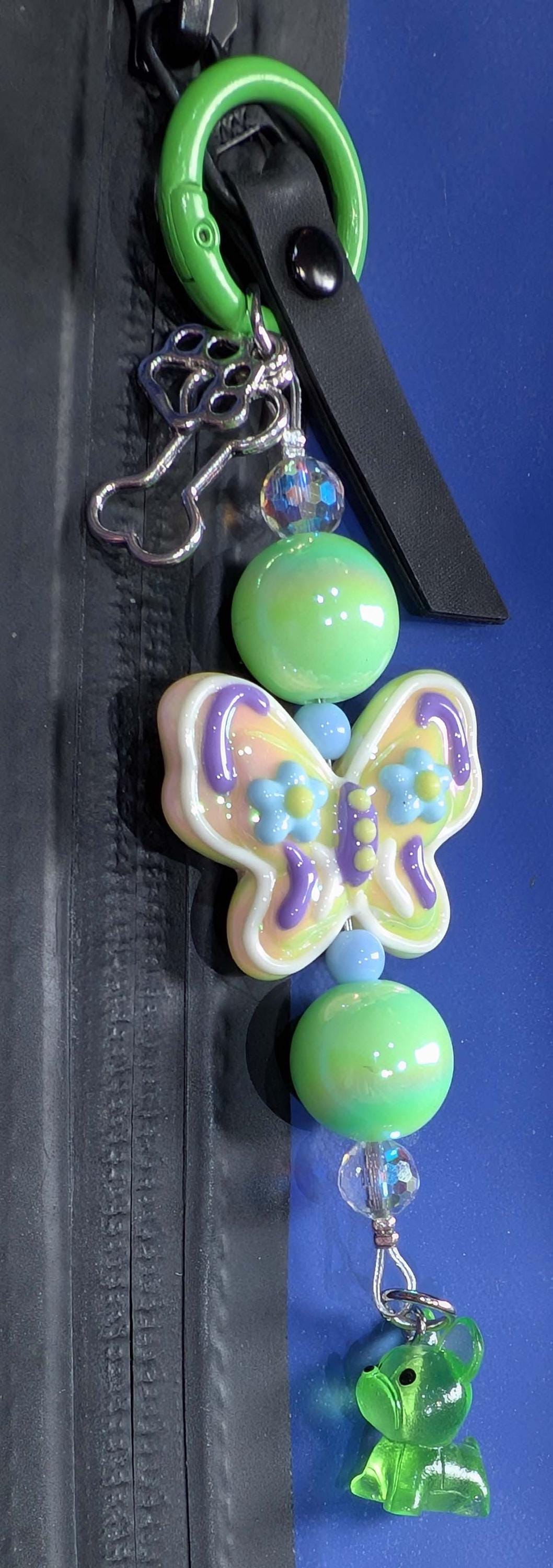 Handmade Beaded Frenchie Keyring / Bag Charm / Phone Charm — Hand Painted Butterfly