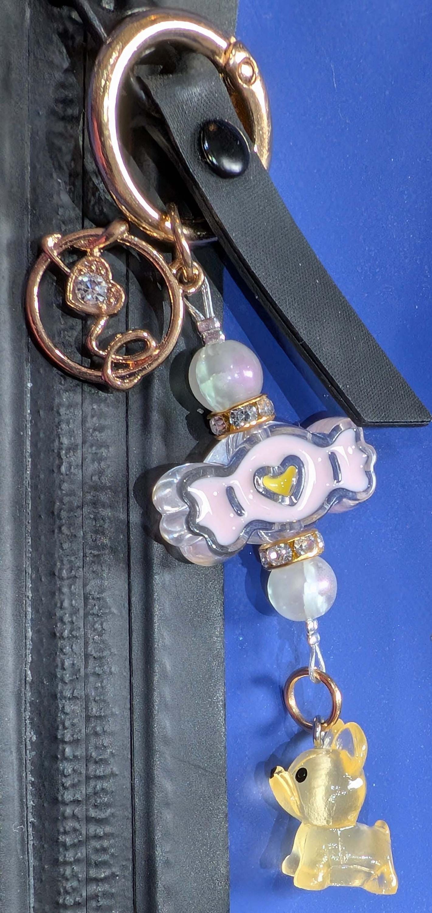 Handmade Beaded Dog Keyring — Pink Sweetie Bead — Frenchie