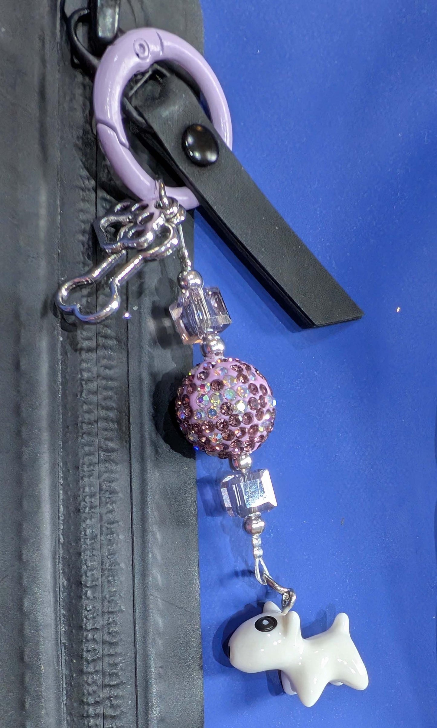 Handmade Beaded Dog Keyring — Purple Sparkle Bead — Bull Terrier