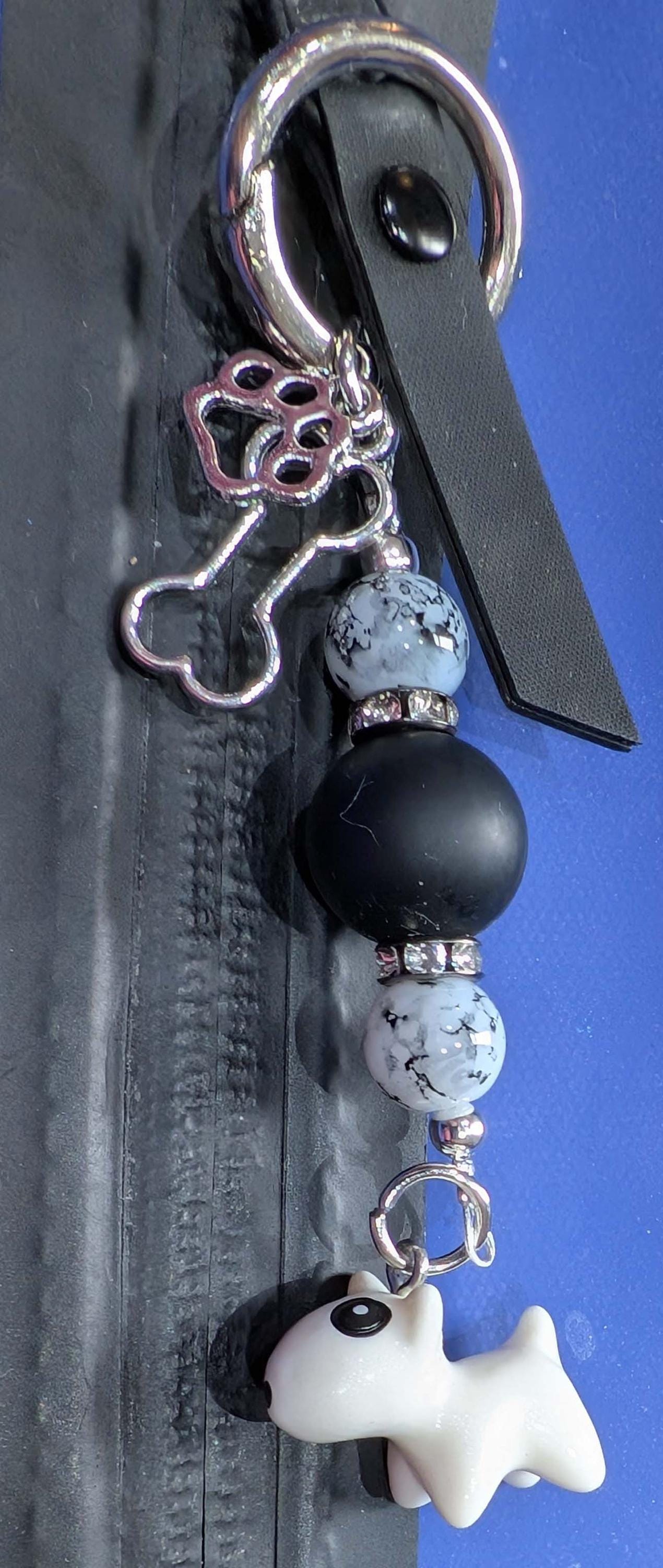 Handmade Beaded Dog Keyring / Bag Charm / Phone Charm — Black Silicon & Marble Glass Beads — Bull Terrier