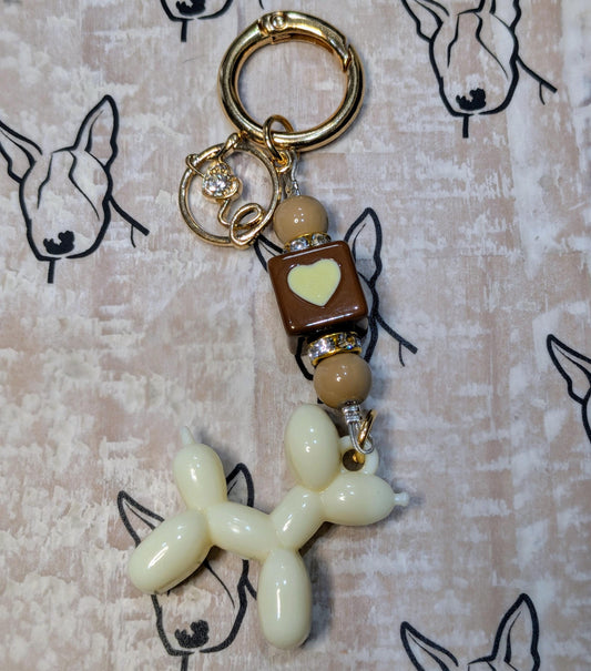 Handmade Beaded Dog Keyring / Bag Charm / Phone Charm — Brown Square Heart Bead — Cream Balloon Dog