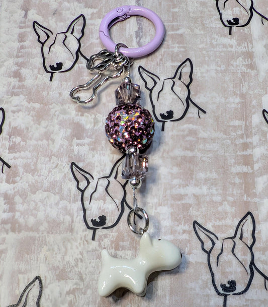 Handmade Beaded Dog Keyring — Purple Sparkle Bead — Bull Terrier