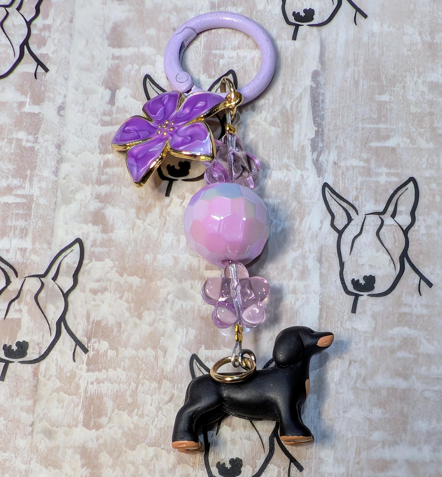 Handmade Beaded Dog Keyrings / Bag Charm / Phone Charm — Purple Disco Bead — Dachshund