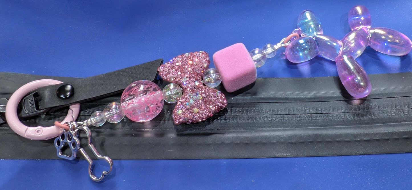 Handmade Beaded Keyring / Bag Charm / Phone Charm — Pink Sparkle Bow — Balloon Dog