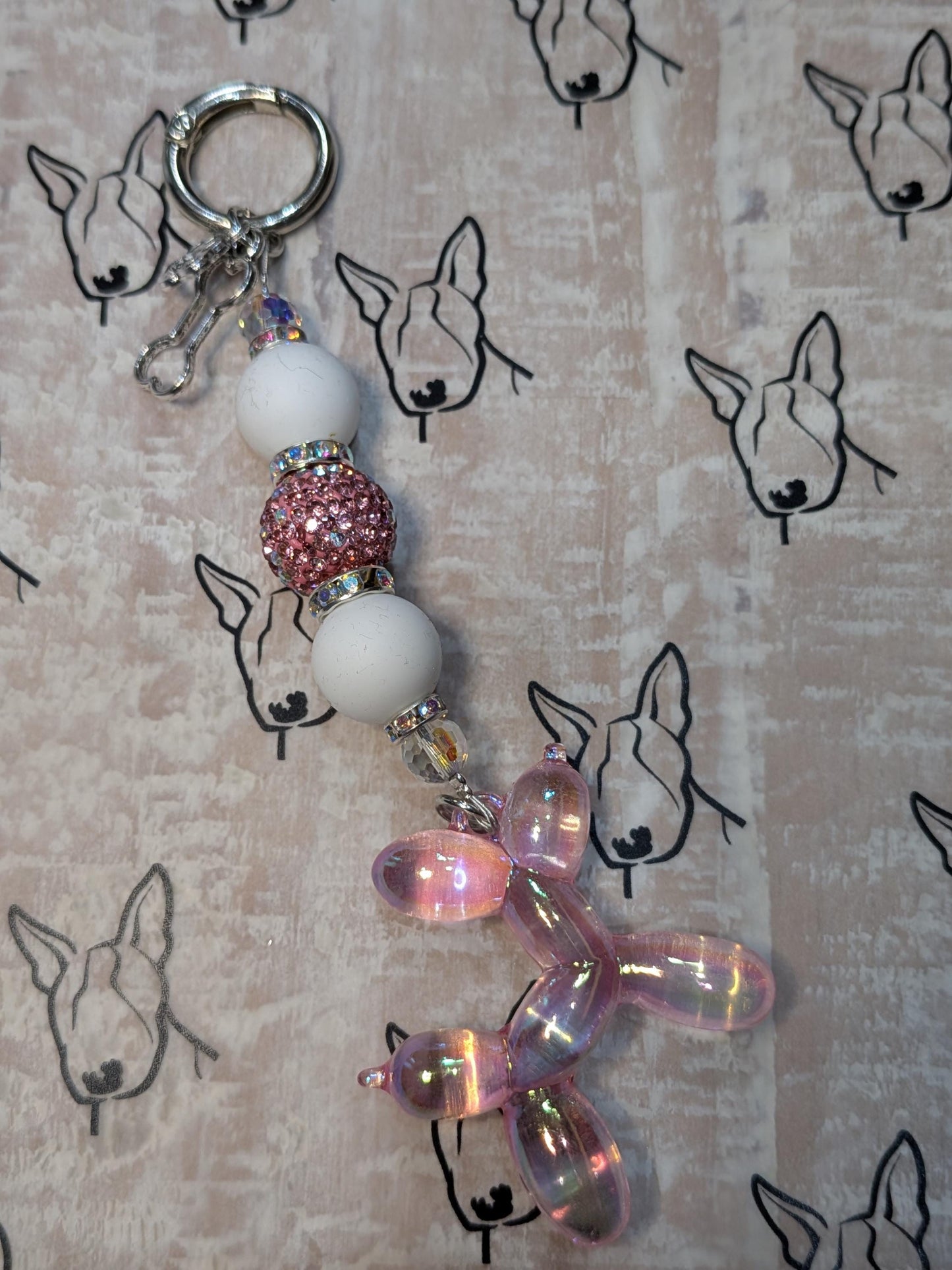 Handmade Beaded Keyring / Bag Charm / Phone Charm — Pink Sparkles — Balloon Dog