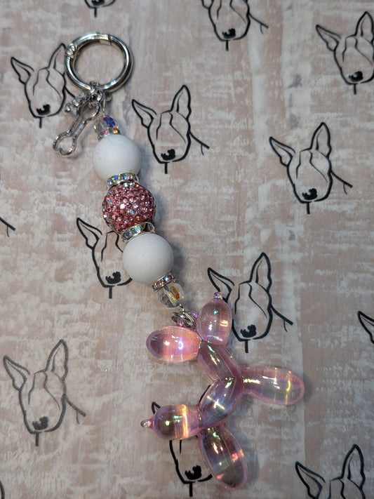Handmade Beaded Keyring / Bag Charm / Phone Charm — Pink Sparkles — Balloon Dog