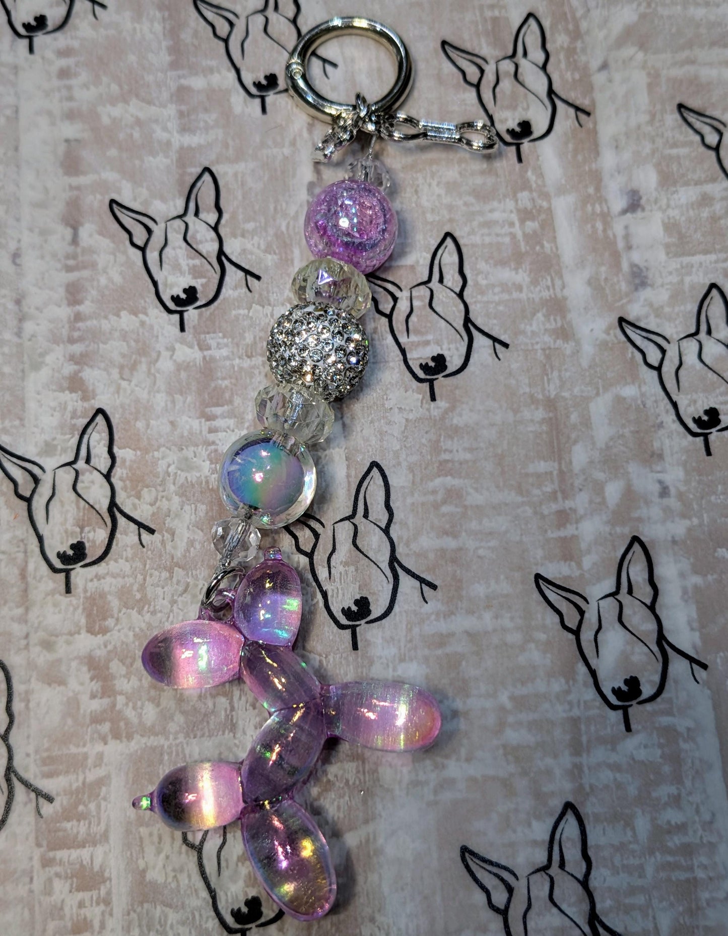 Handmade Beaded Keyring / Bag Charm / Phone Charm — Silver Sparkles — Balloon Dog