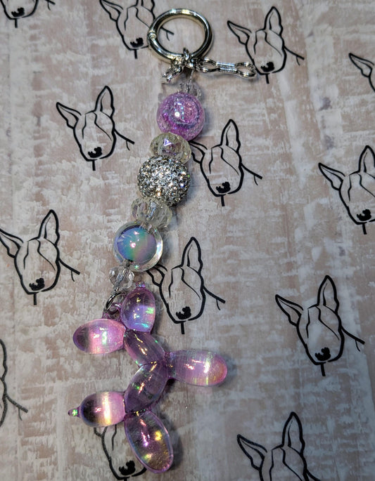 Handmade Beaded Keyring / Bag Charm / Phone Charm — Silver Sparkles — Balloon Dog