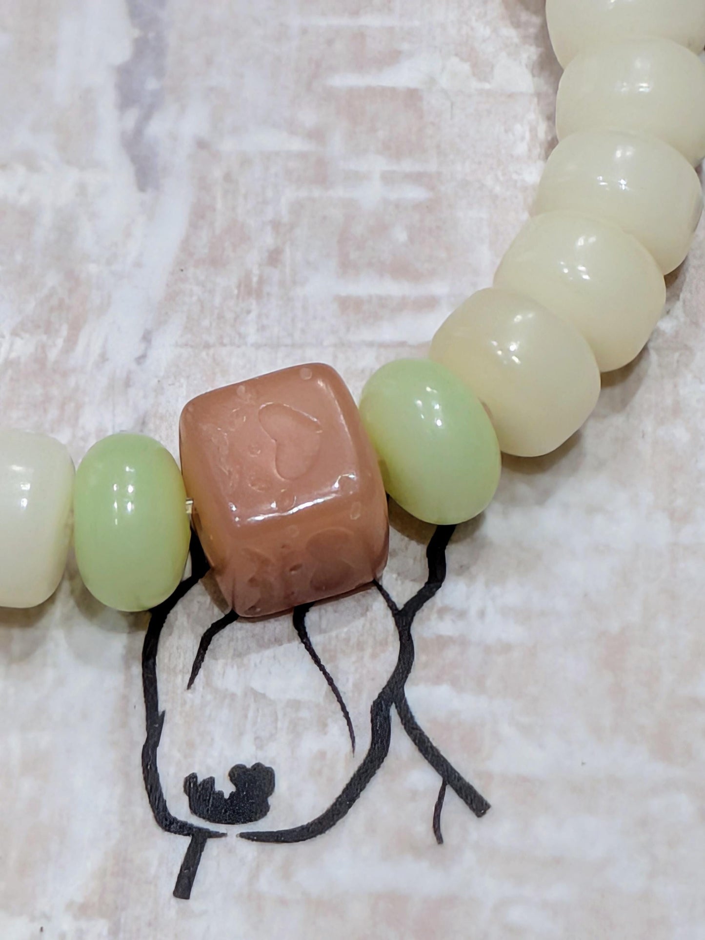 Handmade Bodhi Bead Bracelet — White Beads with Square Peach Spacer