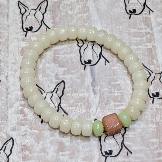 Handmade Bodhi Bead Bracelet — White Beads with Square Peach Spacer