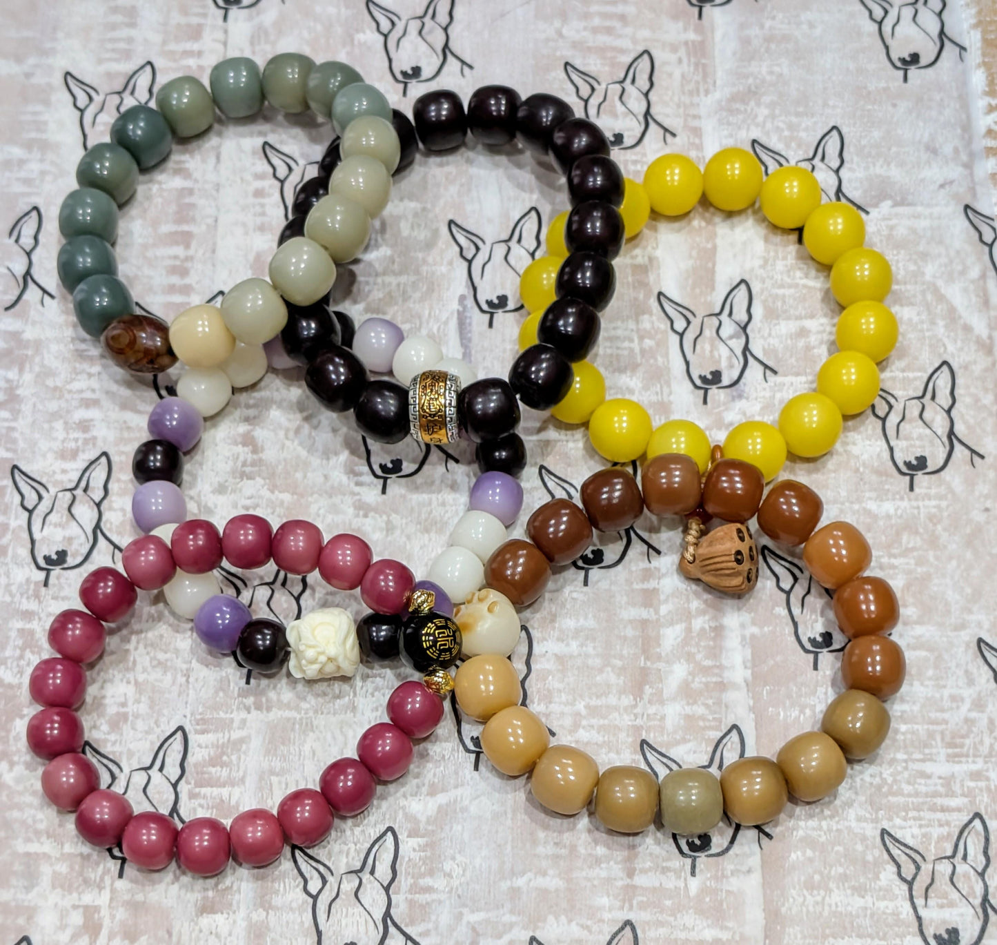 Handmade Bodhi Bead Bracelet — Shades of Brown with Paw Spacer