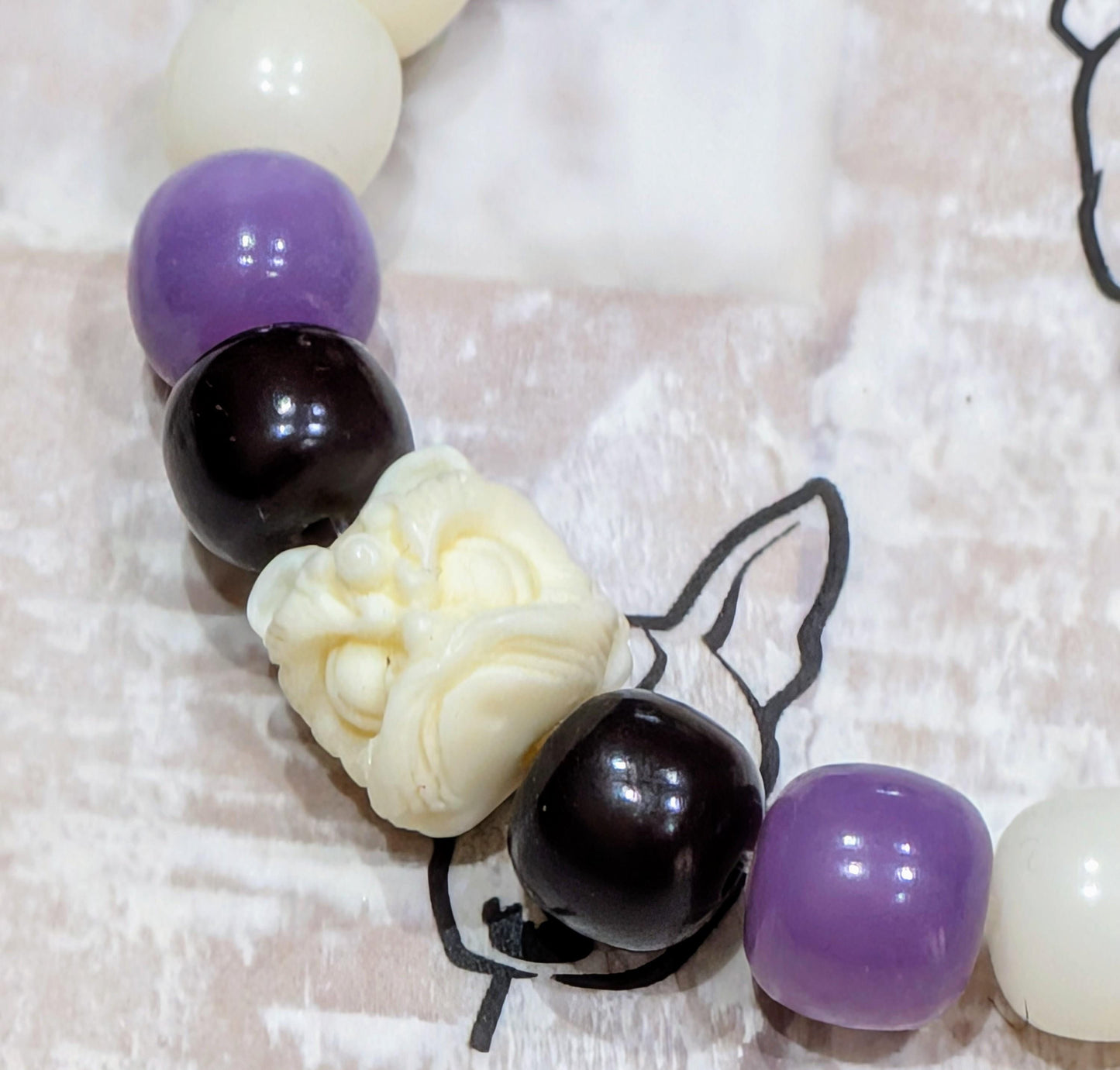 Handmade Bodhi Bead Bracelet — White, Black & Purple Barrel with White Lion Spacer