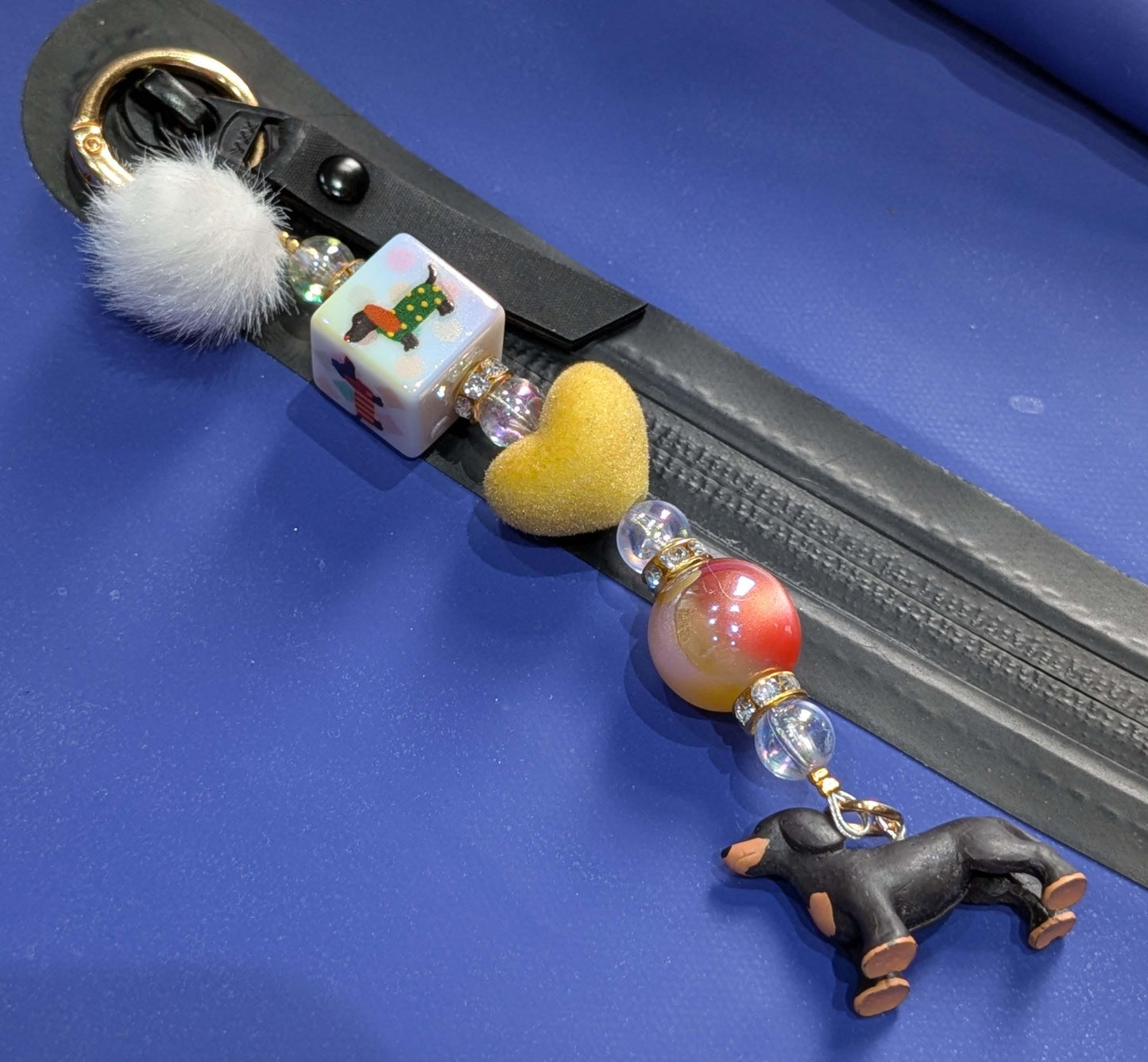 Handmade Beaded Dachshund Keyring / Bag Charm — Yellow Suede Heart