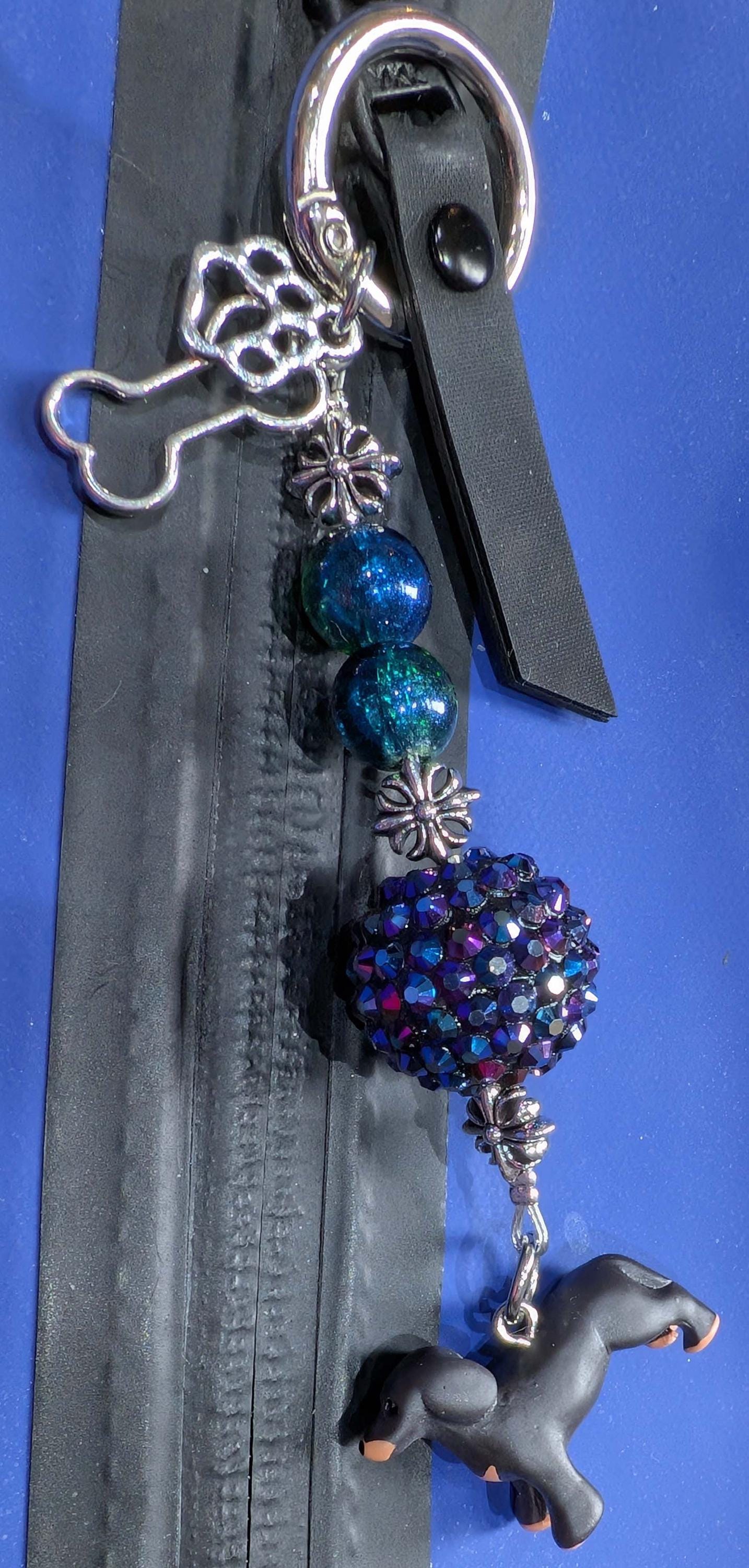 Handmade Beaded Dachshund Keyring / Bag Charm — Dark Blue Disco Bead
